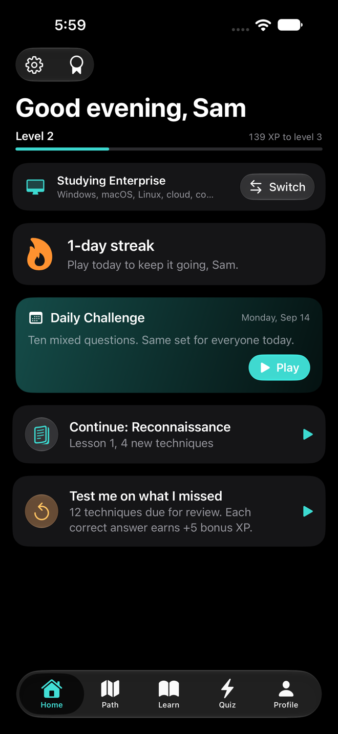The Home tab: greeting, level, streak and Daily Challenge