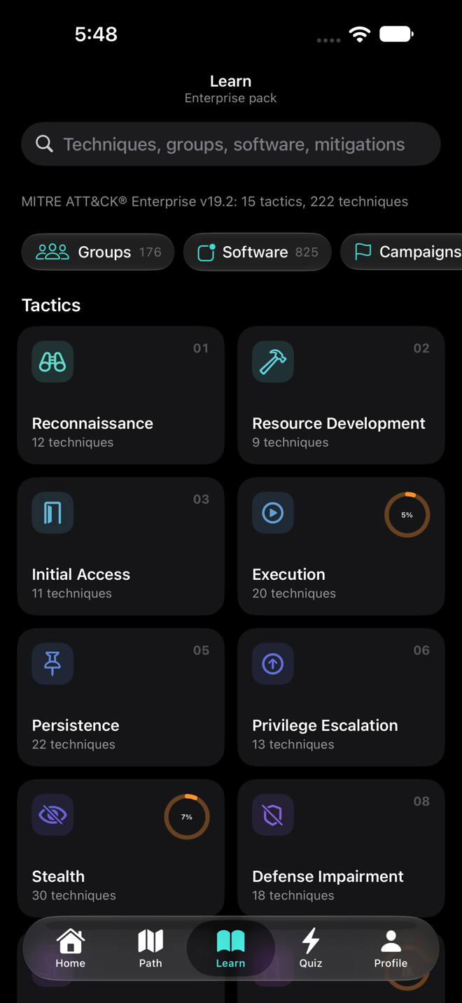The Learn tab tactic grid