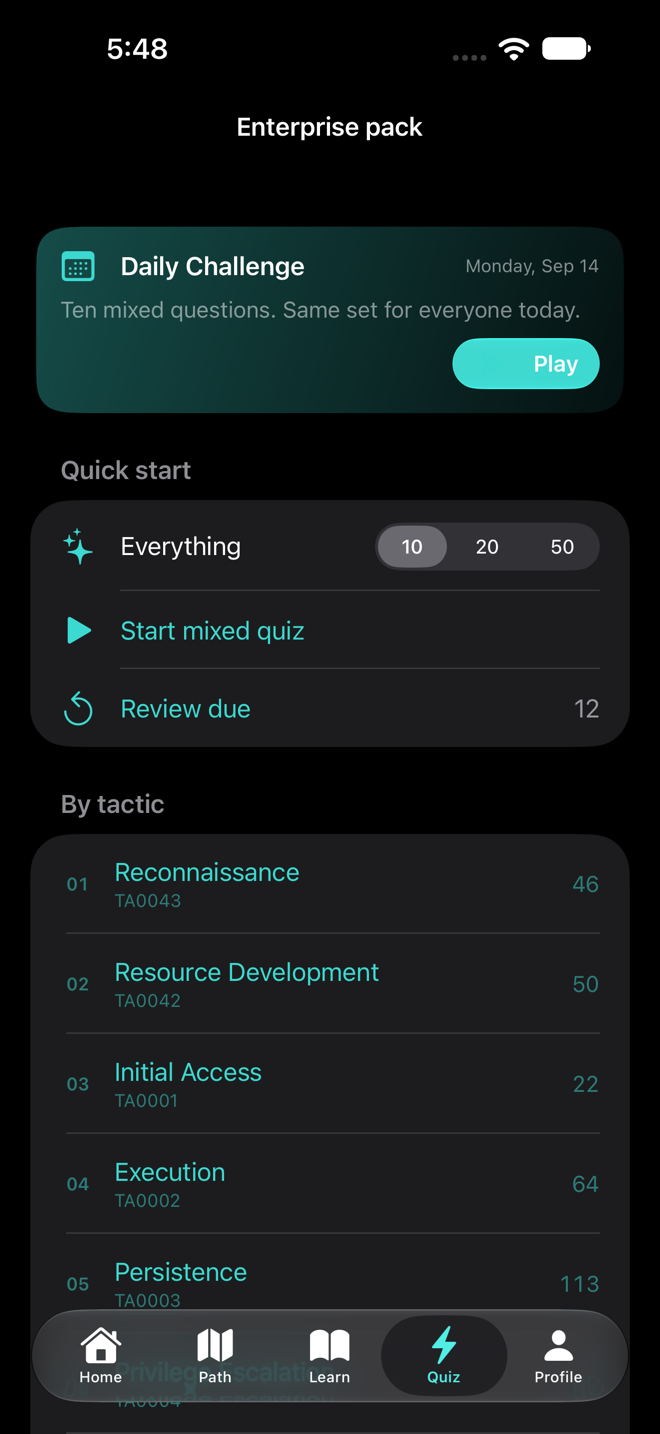 The Quiz tab hub